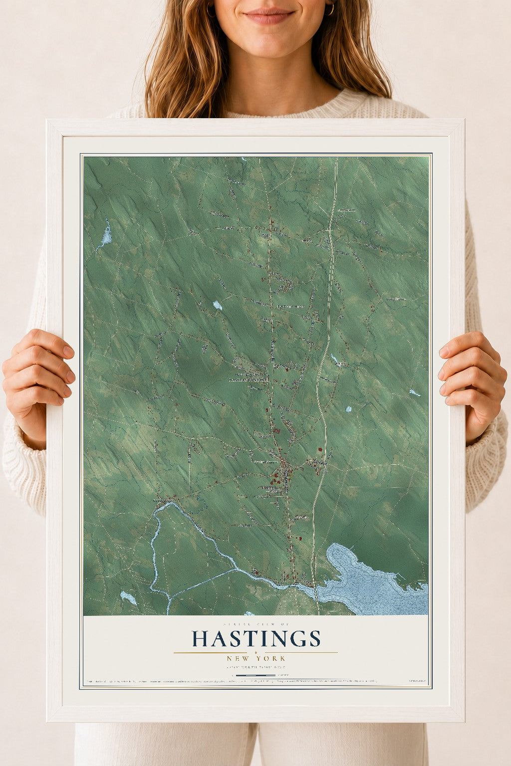 Hastings, New York map print, 18" x 24" W/ White Ayous Wood Frame mockup