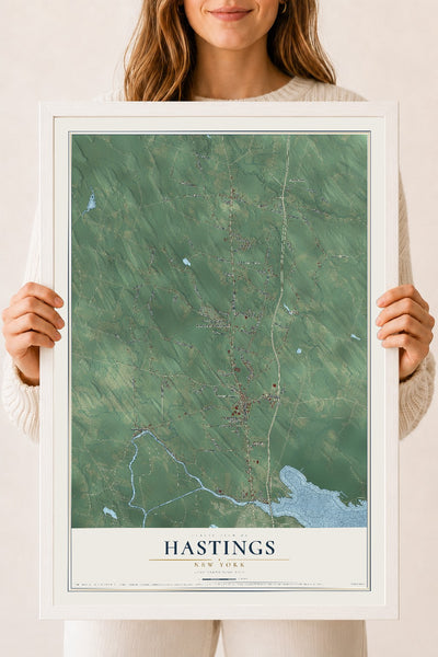 Hastings, New York map print, 18" x 24" W/ White Ayous Wood Frame mockup