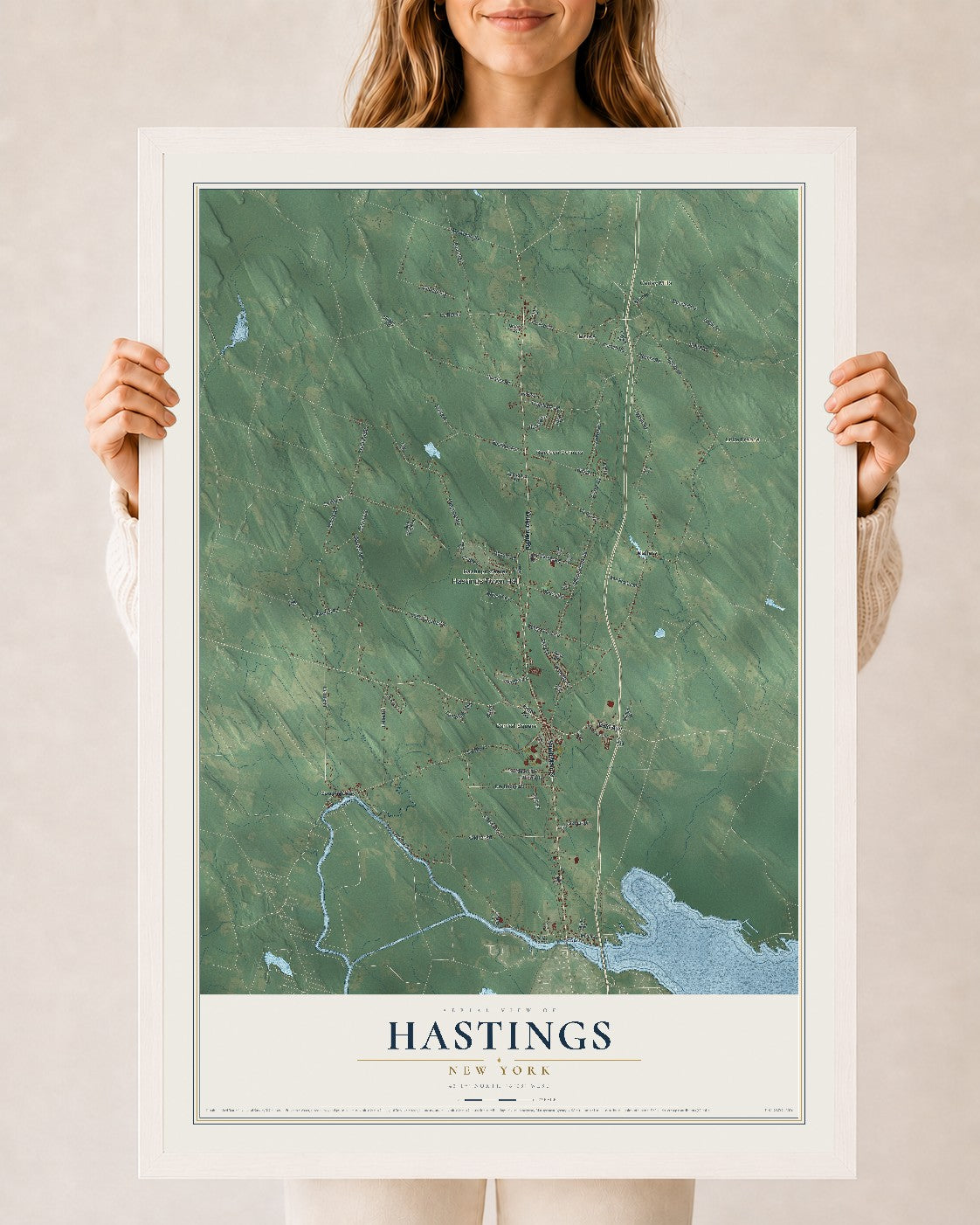 Hastings, New York map print, 24" x 36" W/ White Ayous Wood Frame mockup