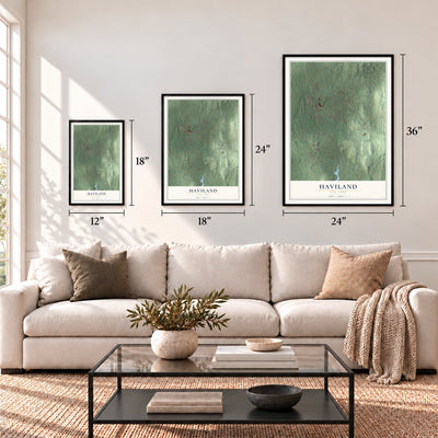 Haviland, New York map in 12 x 18, 18 x 24 and 24 x 36 inch sizes above a sofa