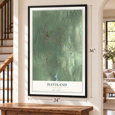 Haviland, New York map, 24 x 36 inch print in a black frame by a staircase