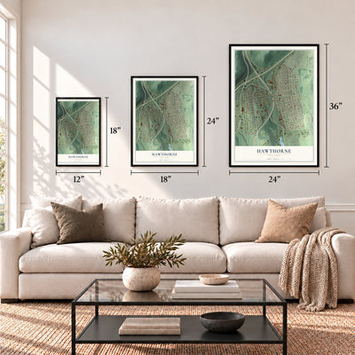 Hawthorne, New York map in 12 x 18, 18 x 24 and 24 x 36 inch sizes above a sofa