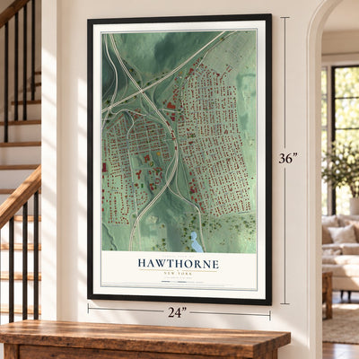 Hawthorne, New York map, 24 x 36 inch print in a black frame by a staircase