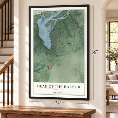 Head of the Harbor, New York map, 24 x 36 inch print in a black frame by a staircase