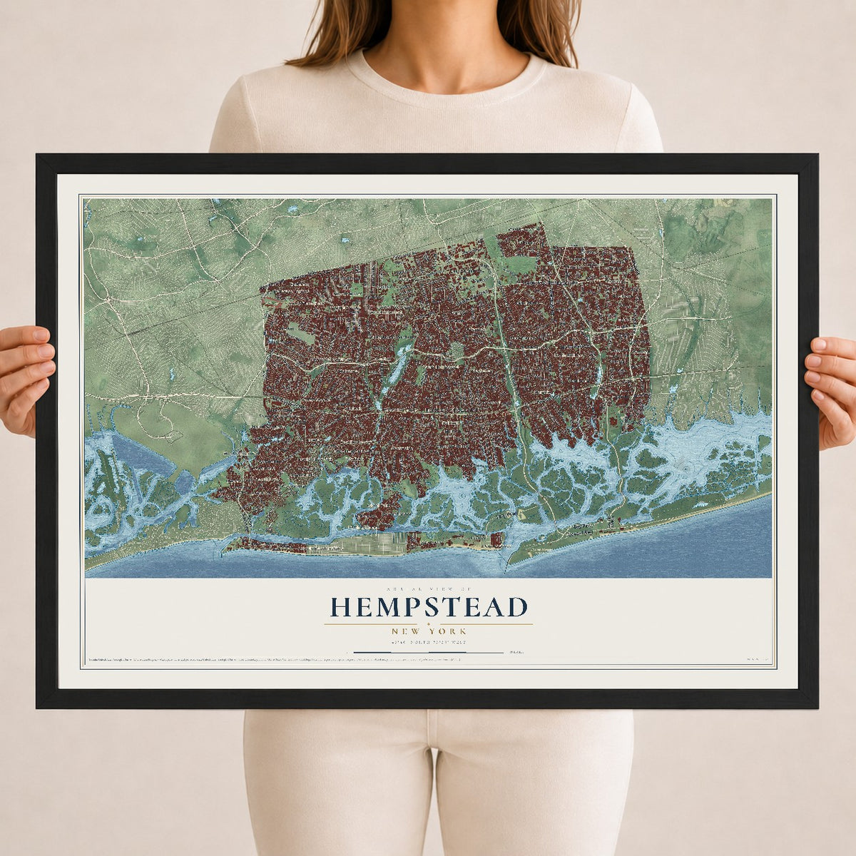 Hempstead, New York map print, 18" x 24" W/ Black Ayous Wood Frame mockup