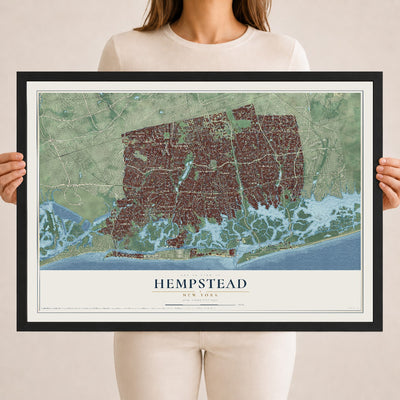 Hempstead, New York map print, 18" x 24" W/ Black Ayous Wood Frame mockup