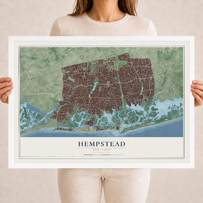 Hempstead, New York map print, 18" x 24" W/ White Ayous Wood Frame mockup