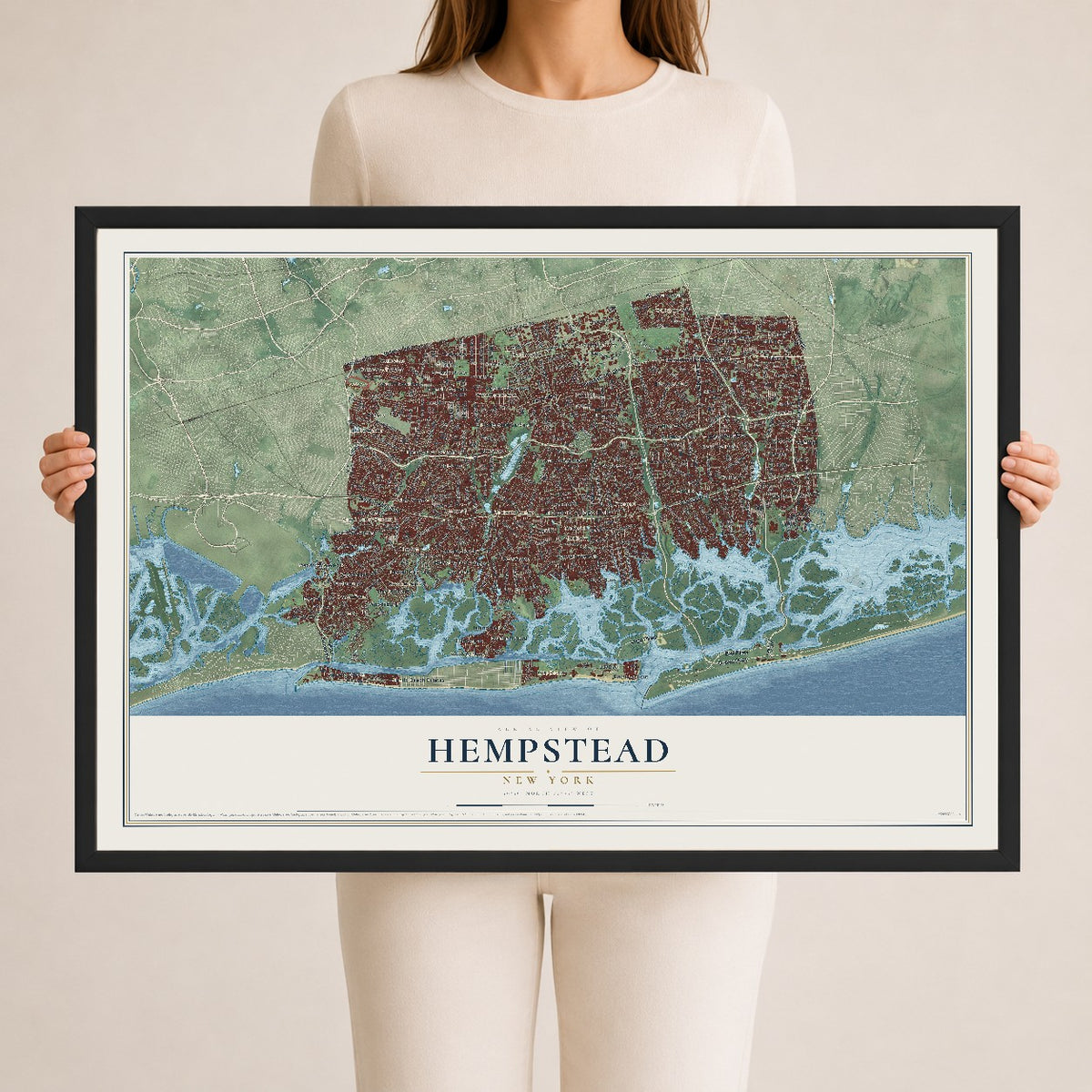 Hempstead, New York map print, 24" x 36" W/ Black Ayous Wood Frame mockup