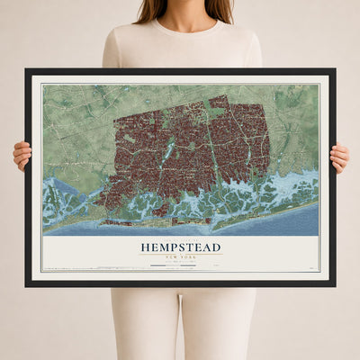 Hempstead, New York map print, 24" x 36" W/ Black Ayous Wood Frame mockup