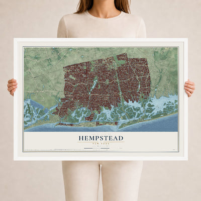 Hempstead, New York map print, 24" x 36" W/ White Ayous Wood Frame mockup
