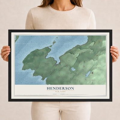 Henderson, New York map print, 12" x 18" W/ Black Ayous Wood Frame mockup