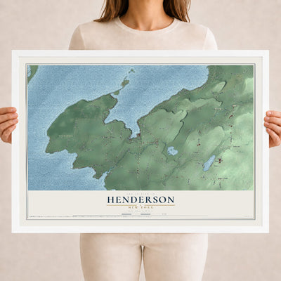 Henderson, New York map print, 18" x 24" W/ White Ayous Wood Frame mockup