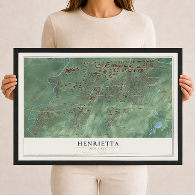 Henrietta, New York map print, 12" x 18" W/ Black Ayous Wood Frame mockup