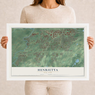 Henrietta, New York map print, 12" x 18" W/ White Ayous Wood Frame mockup