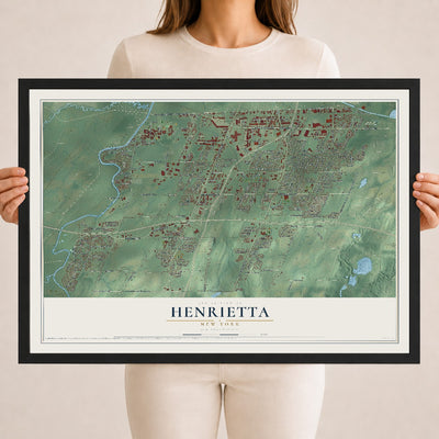 Henrietta, New York map print, 18" x 24" W/ Black Ayous Wood Frame mockup