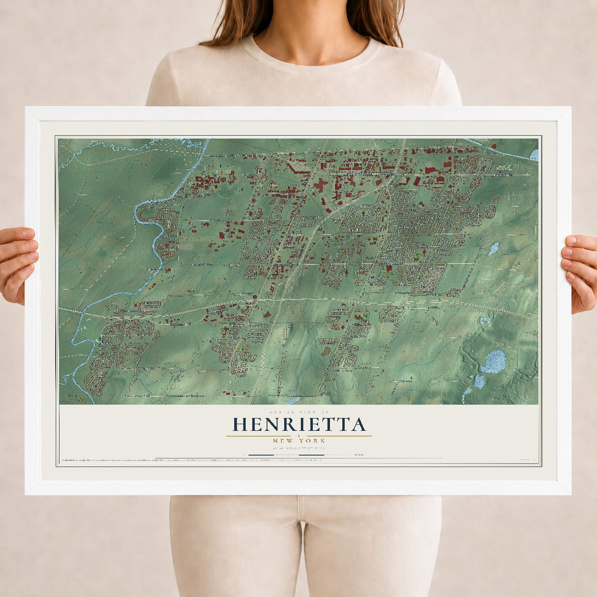 Henrietta, New York map print, 18" x 24" W/ White Ayous Wood Frame mockup