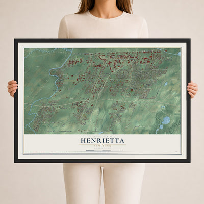 Henrietta, New York map print, 24" x 36" W/ Black Ayous Wood Frame mockup