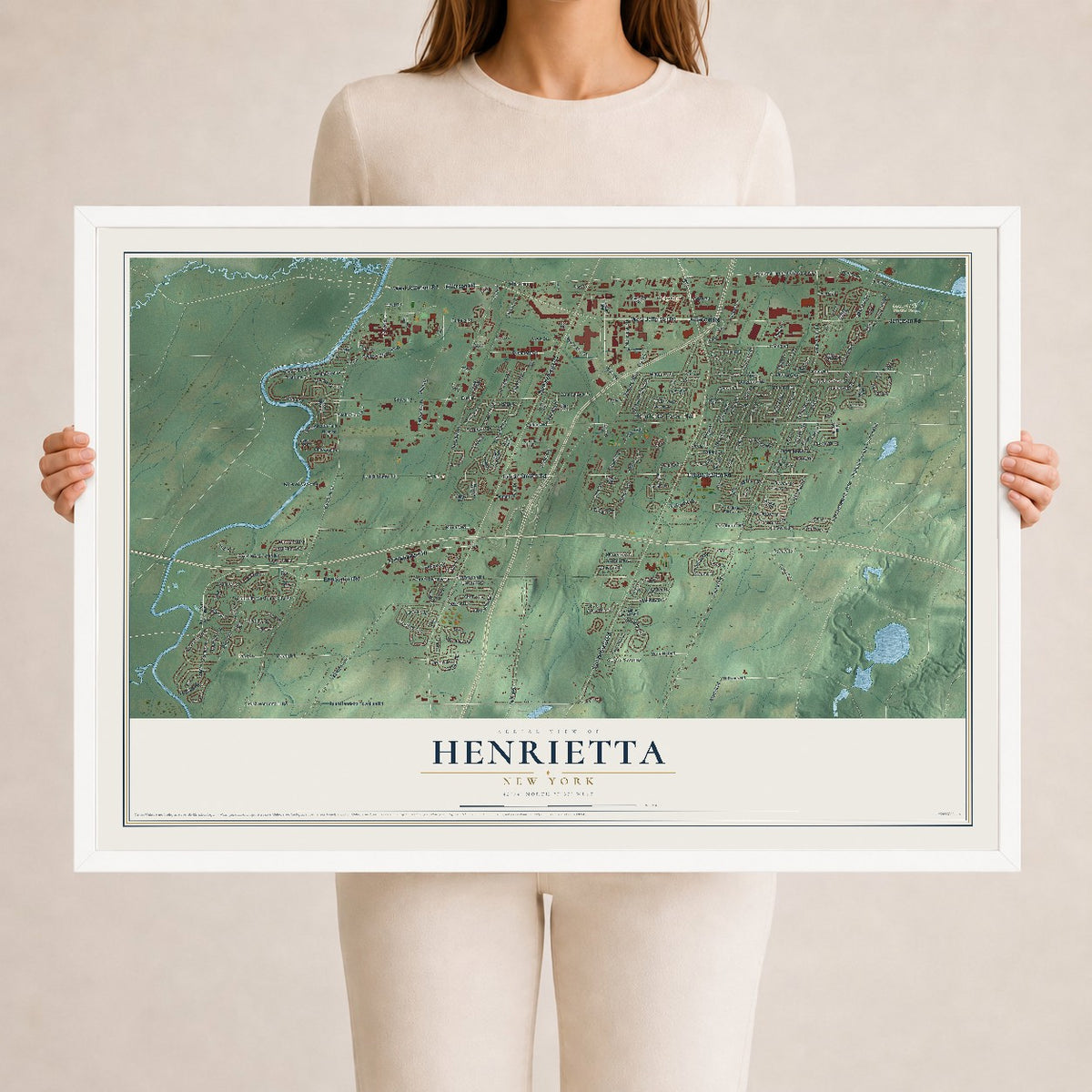 Henrietta, New York map print, 24" x 36" W/ White Ayous Wood Frame mockup
