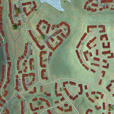 Close-up of the map of Heritage Hills, New York print showing street and building detail