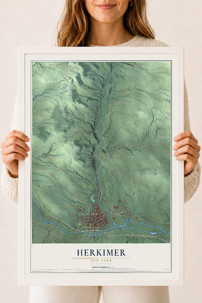 Herkimer, New York map print, 18" x 24" W/ White Ayous Wood Frame mockup