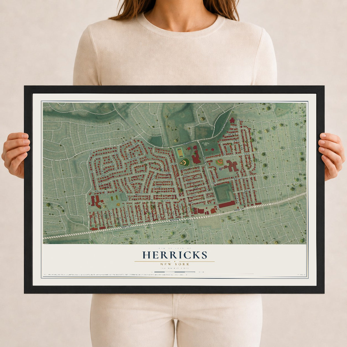 Herricks, New York map print, 12" x 18" W/ Black Ayous Wood Frame mockup
