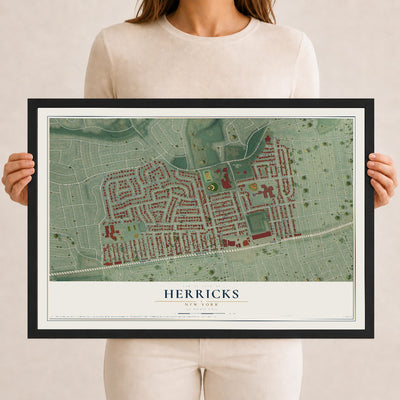 Herricks, New York map print, 12" x 18" W/ Black Ayous Wood Frame mockup