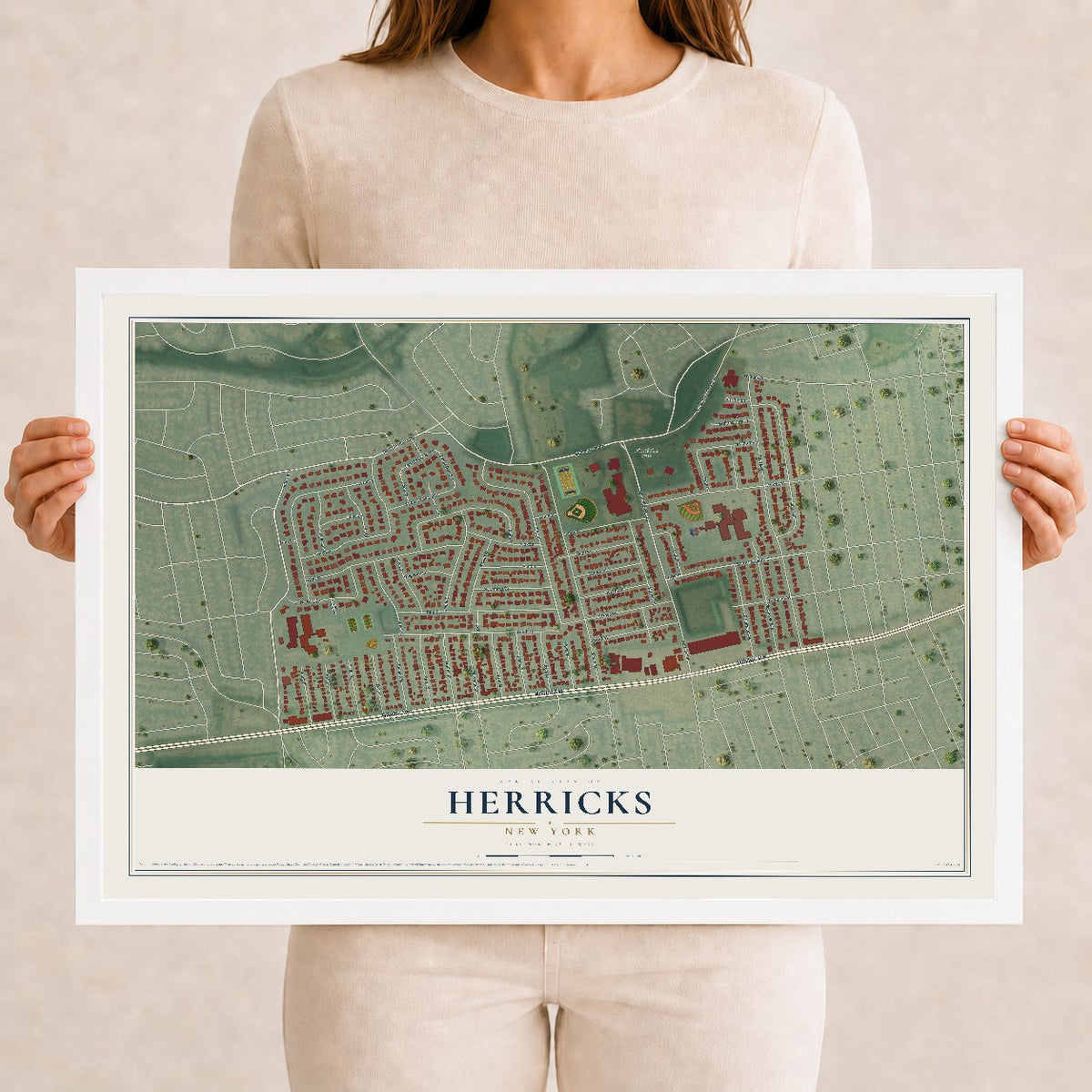 Herricks, New York map print, 12" x 18" W/ White Ayous Wood Frame mockup