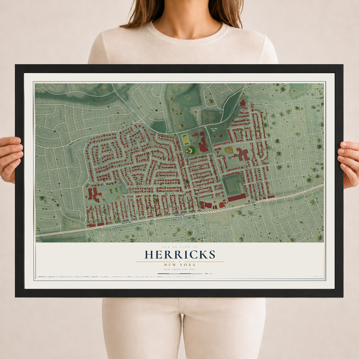Herricks, New York map print, 18" x 24" W/ Black Ayous Wood Frame mockup