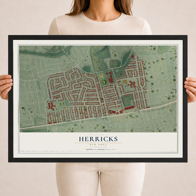 Herricks, New York map print, 18" x 24" W/ Black Ayous Wood Frame mockup