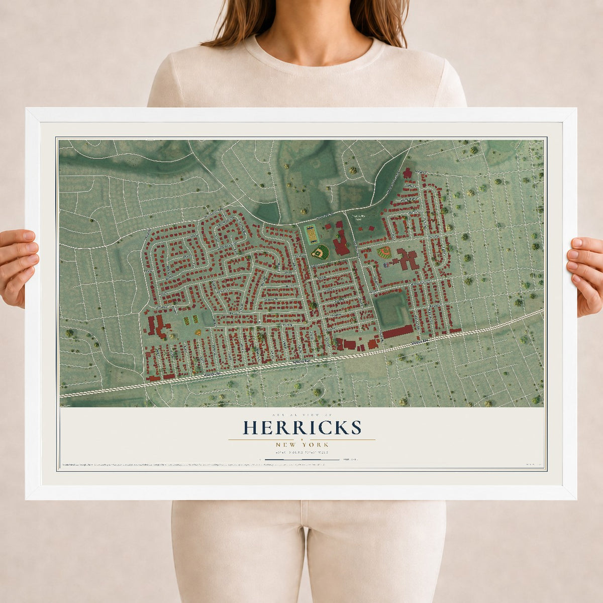 Herricks, New York map print, 18" x 24" W/ White Ayous Wood Frame mockup