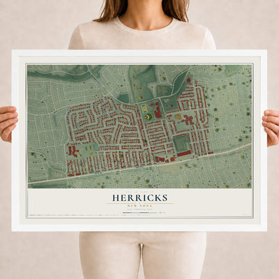 Herricks, New York map print, 18" x 24" W/ White Ayous Wood Frame mockup