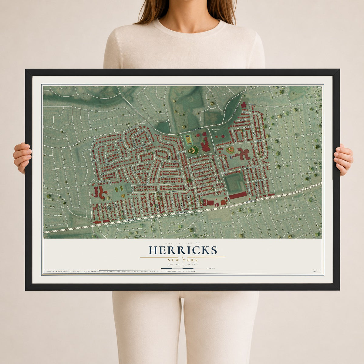 Herricks, New York map print, 24" x 36" W/ Black Ayous Wood Frame mockup