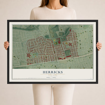 Herricks, New York map print, 24" x 36" W/ Black Ayous Wood Frame mockup