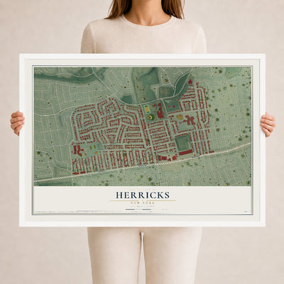 Herricks, New York map print, 24" x 36" W/ White Ayous Wood Frame mockup