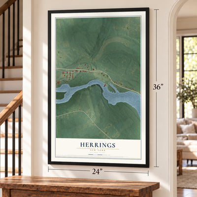 Herrings, New York map, 24 x 36 inch print in a black frame by a staircase