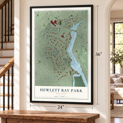 Hewlett Bay Park, New York map, 24 x 36 inch print in a black frame by a staircase
