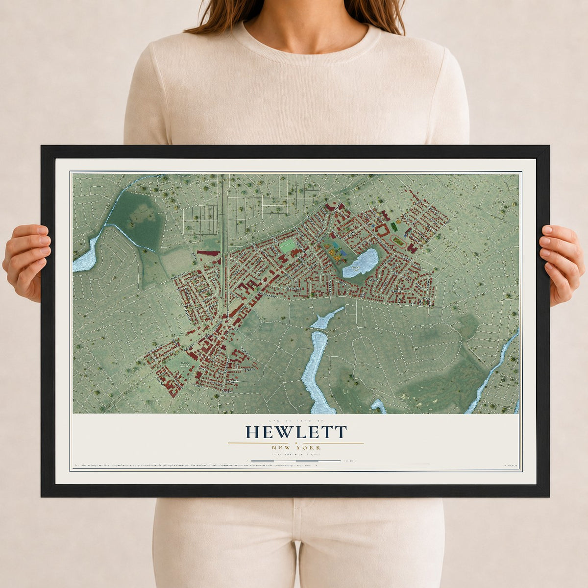 Hewlett, New York map print, 12" x 18" W/ Black Ayous Wood Frame mockup