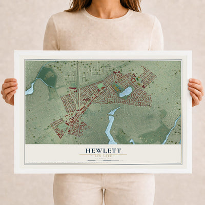 Hewlett, New York map print, 12" x 18" W/ White Ayous Wood Frame mockup
