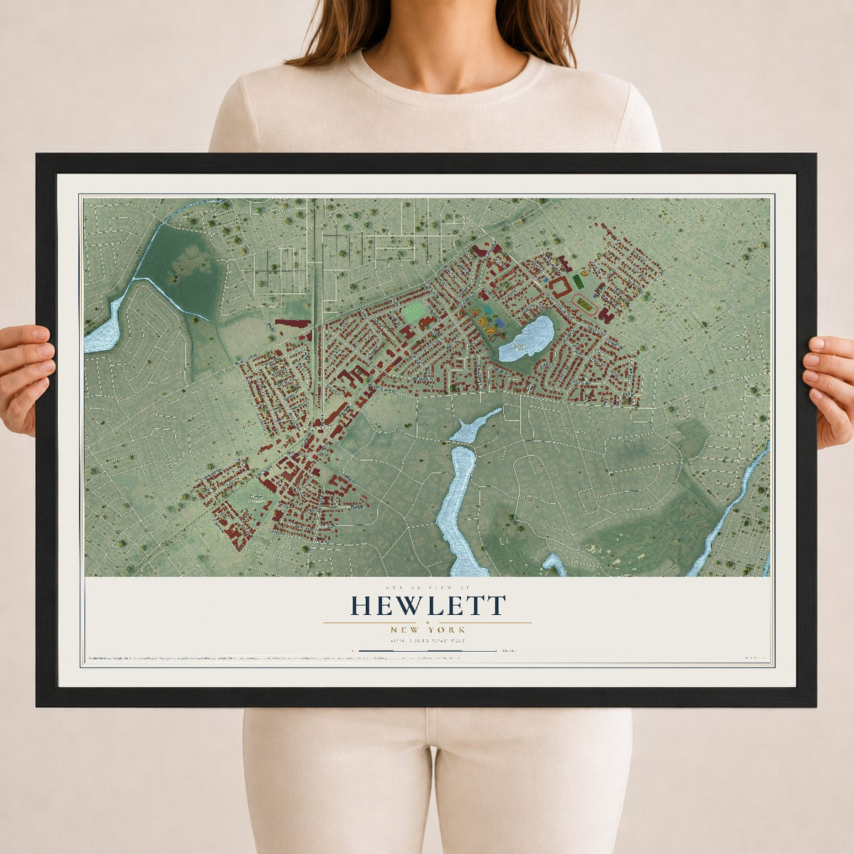 Hewlett, New York map print, 18" x 24" W/ Black Ayous Wood Frame mockup