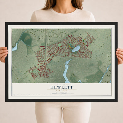 Hewlett, New York map print, 18" x 24" W/ Black Ayous Wood Frame mockup
