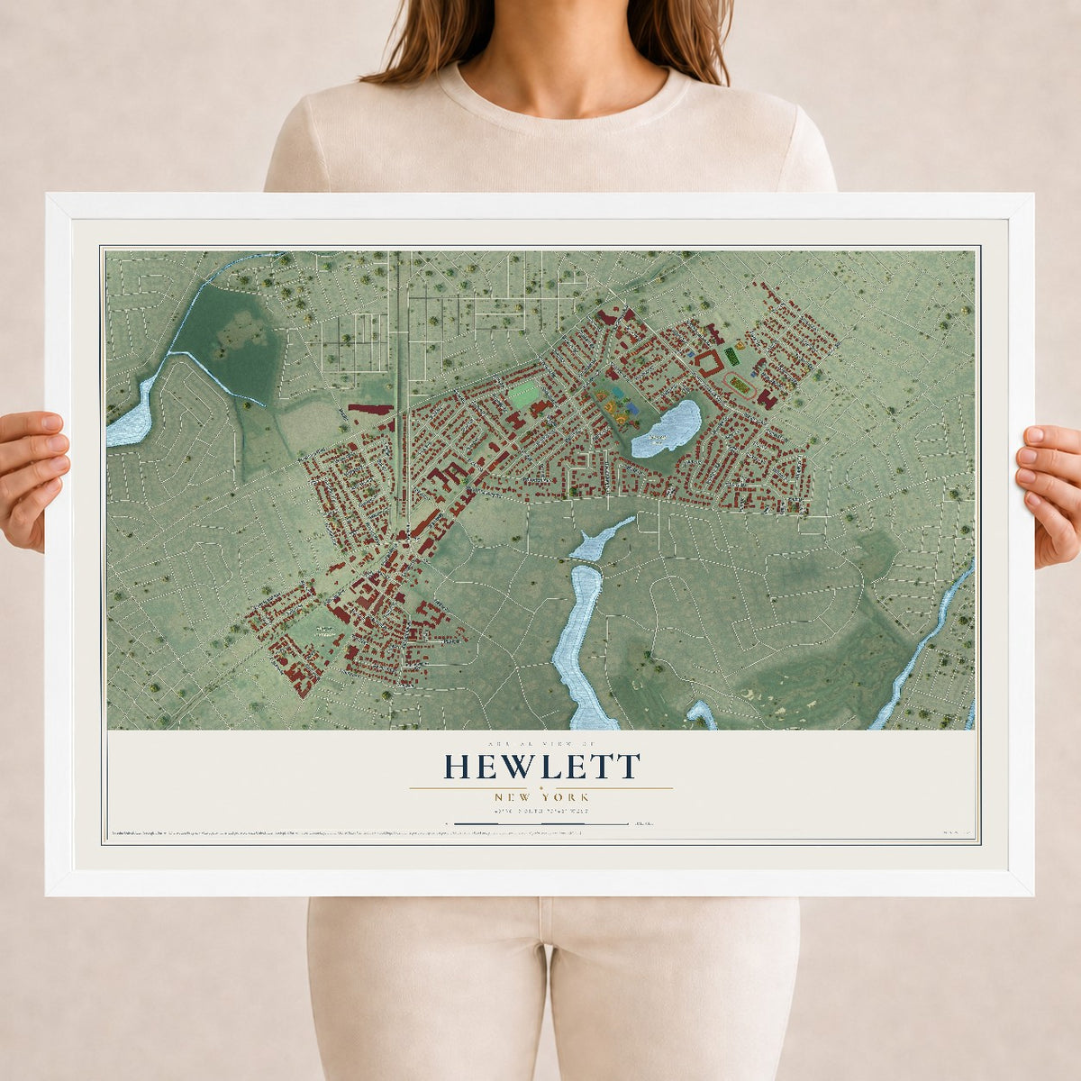 Hewlett, New York map print, 18" x 24" W/ White Ayous Wood Frame mockup