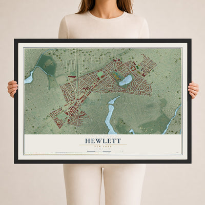 Hewlett, New York map print, 24" x 36" W/ Black Ayous Wood Frame mockup