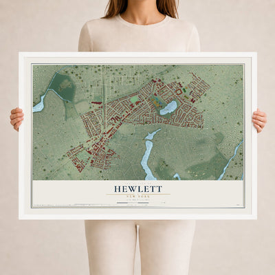 Hewlett, New York map print, 24" x 36" W/ White Ayous Wood Frame mockup