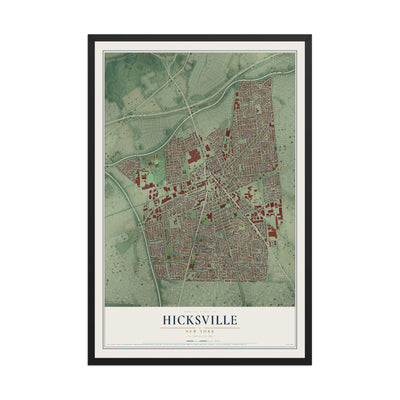 Hicksville, New York map print, 12" x 18" W/ Black Ayous Wood Frame mockup