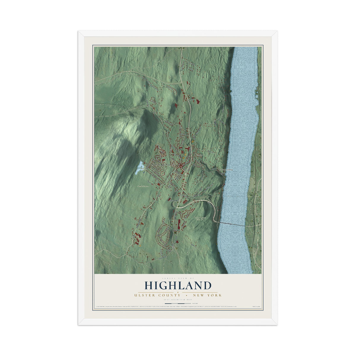 Highland, New York map print, 12" x 18" W/ White Ayous Wood Frame mockup