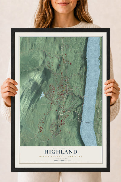 Highland, New York map print, 18" x 24" W/ Black Ayous Wood Frame mockup