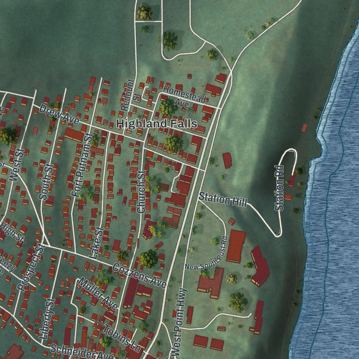 Close-up 2 of the Highland Falls, New York map artwork
