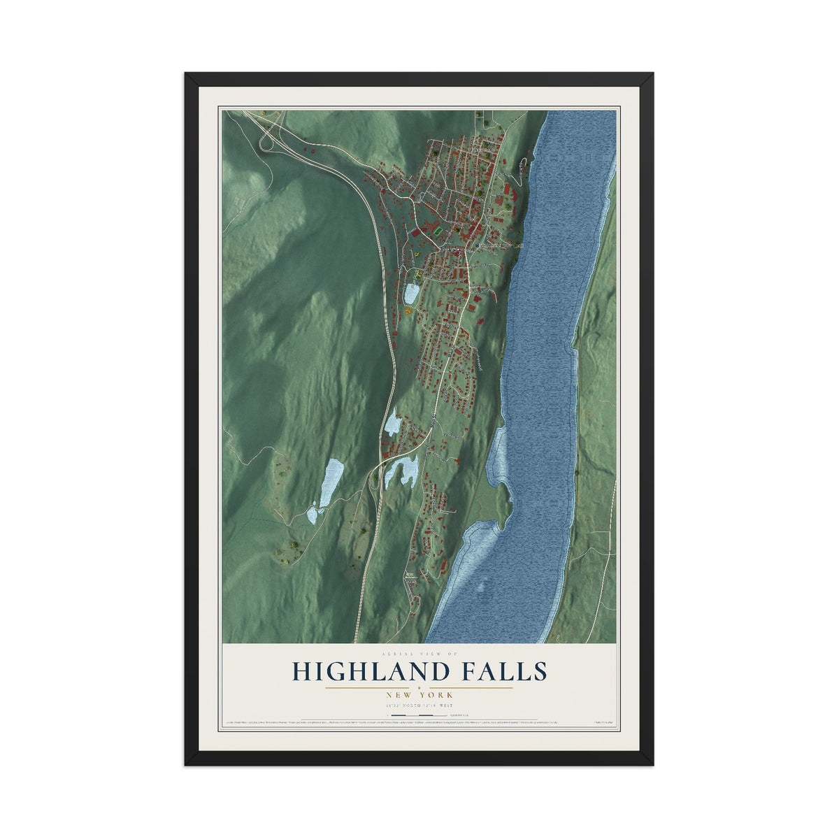 Highland Falls, New York map print, 12" x 18" W/ Black Ayous Wood Frame mockup