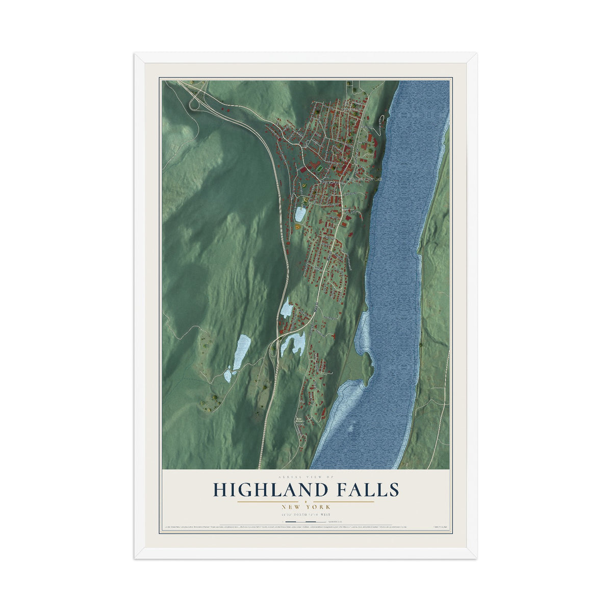 Highland Falls, New York map print, 12" x 18" W/ White Ayous Wood Frame mockup