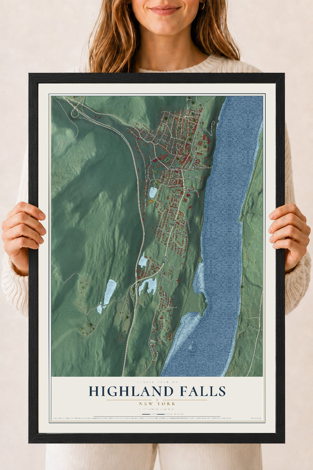 Highland Falls, New York map print, 18" x 24" W/ Black Ayous Wood Frame mockup